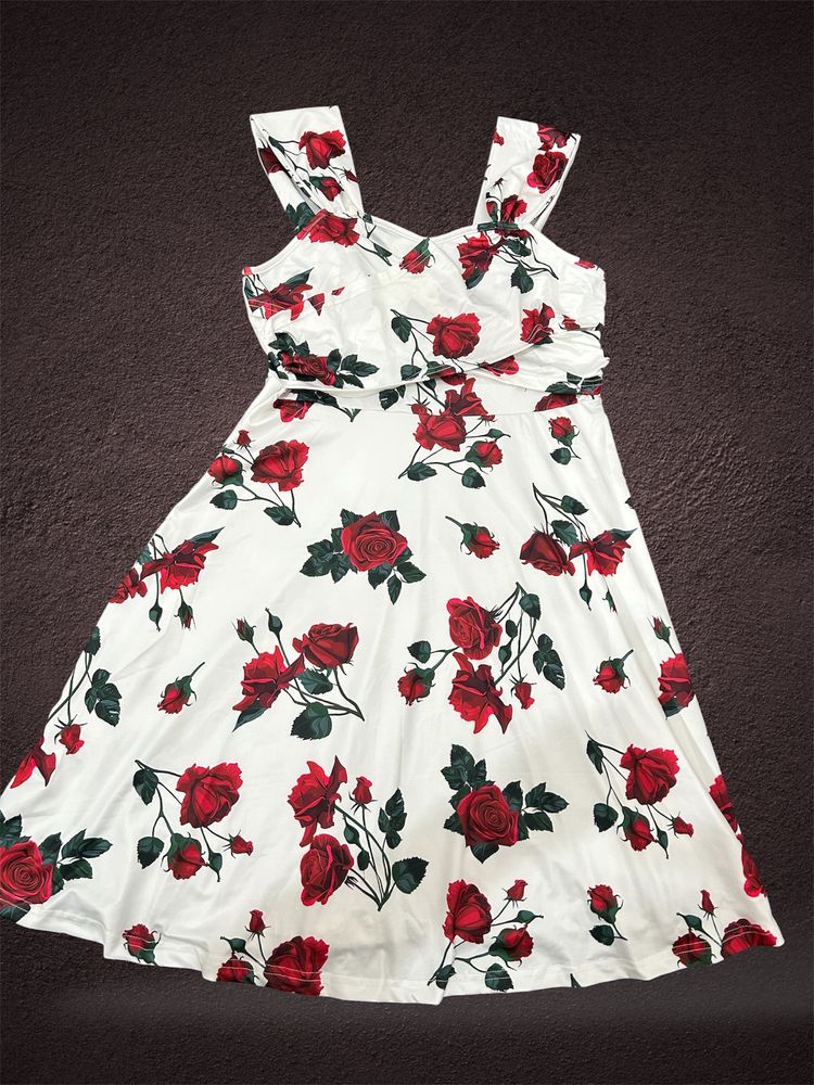 White Dress With Red Rose Print 3